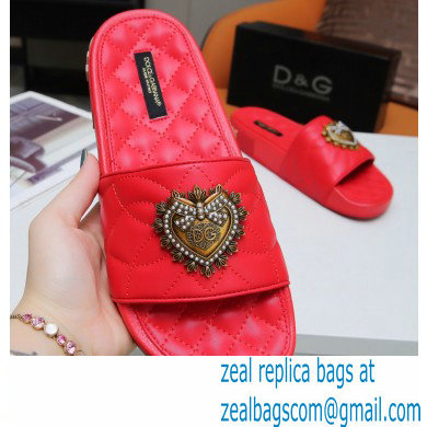 Dolce & Gabbana Matelasse Leather Beachwear Sliders Red with Devotion Heart 2021